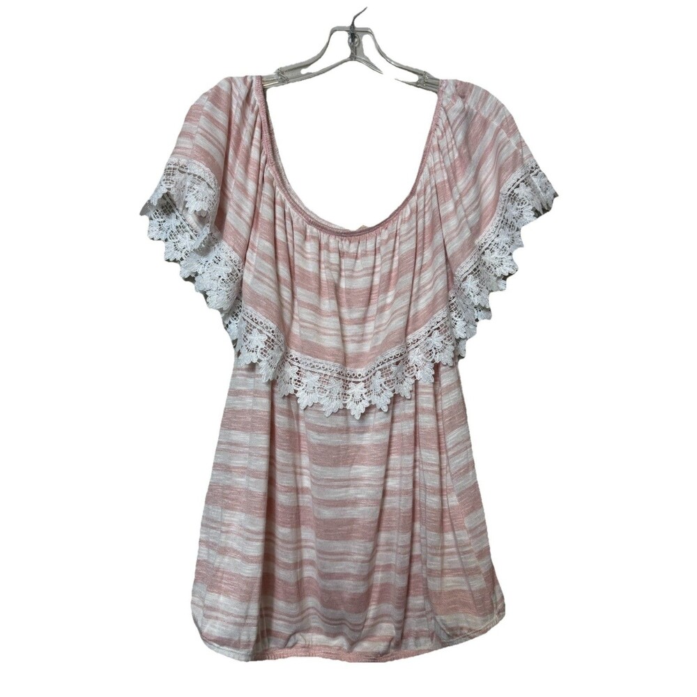 Paper + Tee Plus Size Stitch Fix Blouse Crochet Lace Boho Striped Pink Top 2X